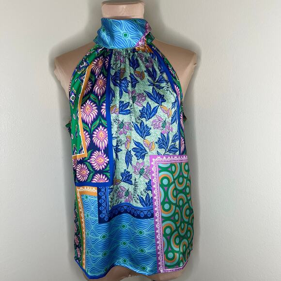 Rachel Zoe Top Large Womens Patchwork Boho Tie Neck Satin Hippie Sleeveless Blue - Picture 1 of 7